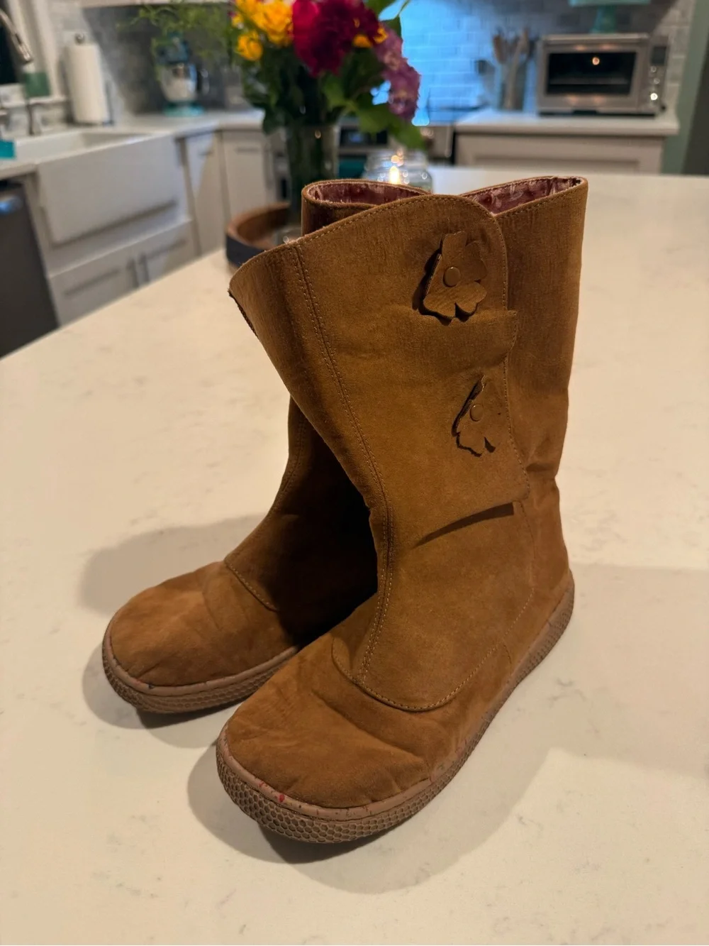 Livie and Luca Brown Suede Flower Button Mid-Calf Boots